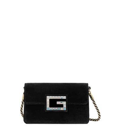Gucci Broadway Small Velvet Shoulder Bag With Square G In Nero/ Nero Oro/ Crystal