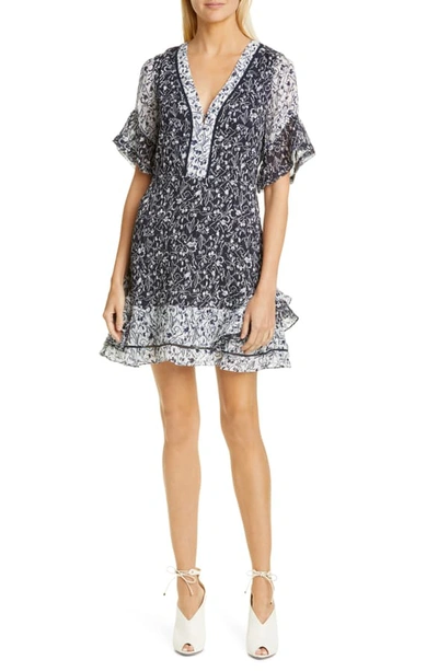 Tanya Taylor Kayla Contrast Silk Floral Ruffle Mini Dress In Tile Floral Navy