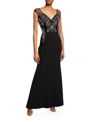 Aidan Mattox Beaded Sweetheart Cap-sleeve Gown With Crepe Skirt In Black