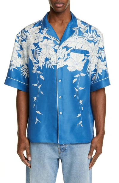 Valentino Men's Floral-print Silk Short-sleeve Sport Shirt In Blue