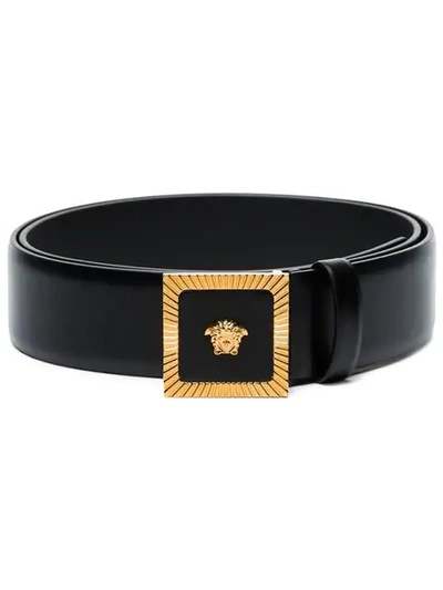 Versace Black Medusa Buckle Leather Belt In Black Tribute Gold