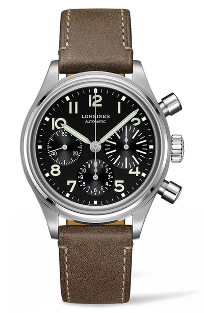 Longines Avigation Bigeye Chronograph 41mm Stainless Steel Leather-strap Watch In Black/brown
