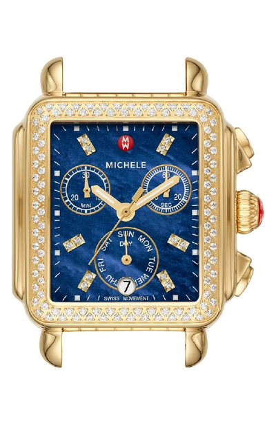 Michele Deco Diamond Diamond Dial Watch Head, 33mm X 35mm In Gold/ Deep Blue Mop