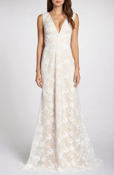 Tadashi Shoji Grid & Floral Lace A-line Wedding Dress In Ivory/ Petal