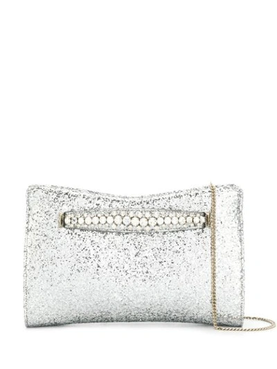 Jimmy Choo Galactica Glitter Clutch With Crystal Bracelet Handle In Silver