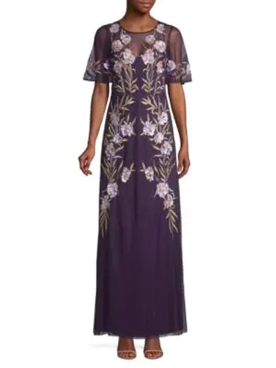 Aidan Mattox Floral Embellished Mesh Gown In Eggplant