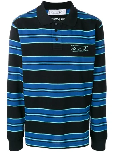 Martine Rose Logo Striped Polo Shirt In Black/blue Stripe