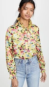 Saloni Emile Silky Floral-print Button-front Top In Yellow Gardenia