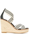 Tory Burch Frieda Strappy Woven Wedge Espadrilles In Black White Stripe