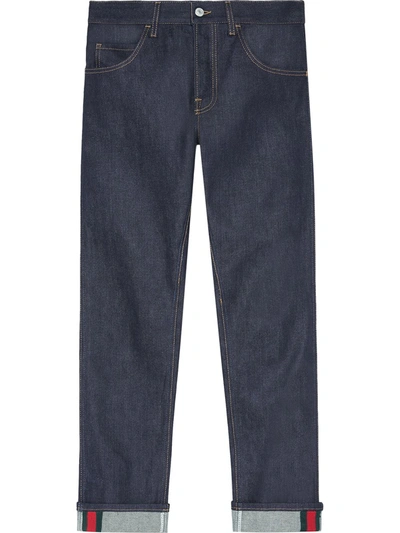 Gucci Tapered Denim Pants With Web In Blue