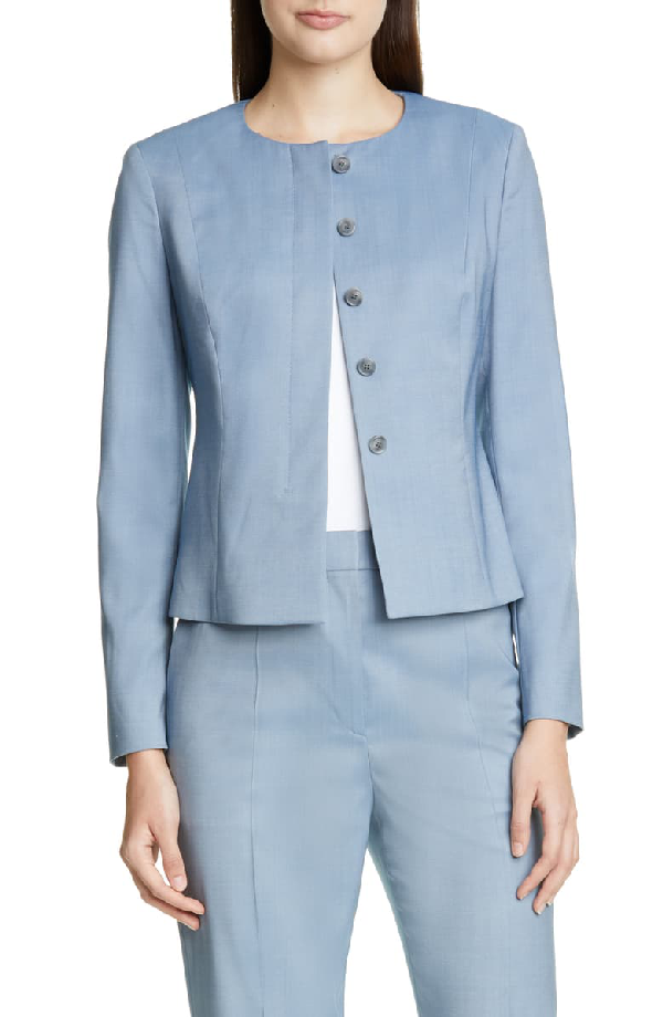 Hugo Boss Javilla Virgin Wool Collarless Blazer In Zircon Blue Melange |  ModeSens