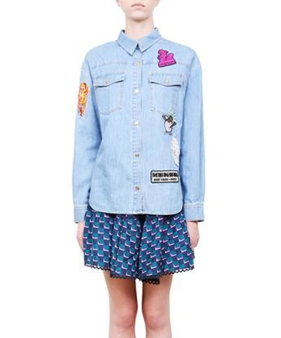 Kenzo Patches Washed Cotton Denim Shirt In Light Blue