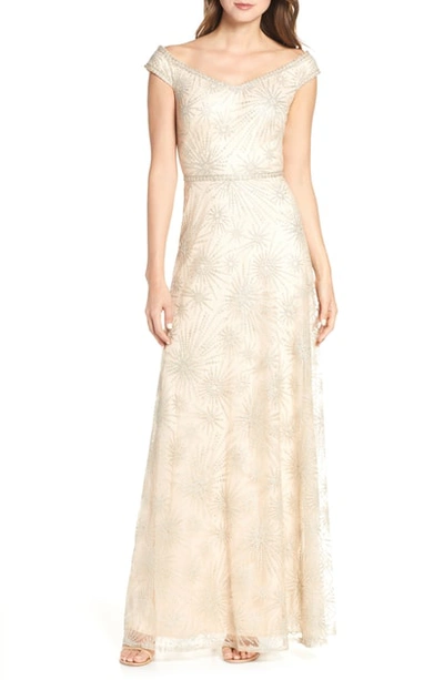 Tadashi Shoji Off The Shoulder Lace Gown In Champagne