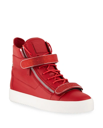 Giuseppe Zanotti Men's Double Nailhead-bar High-top Leather Sneakers In Red