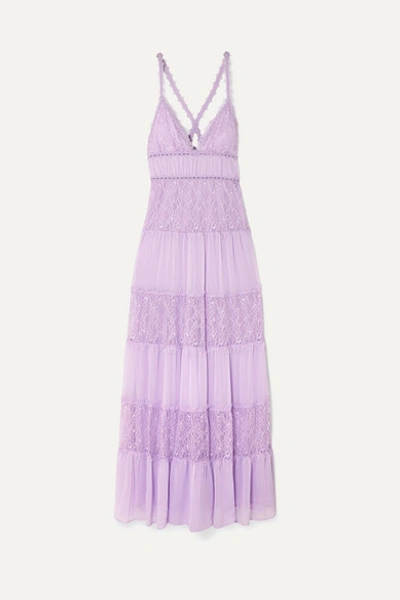 Alice And Olivia Amena Tiered Lace And Crepon Maxi Dress In Lilac | ModeSens