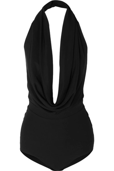 A.w.a.k.e. Michelle Draped Crepe Halterneck Bodysuit In Black