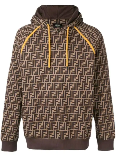 Fendi Printed Ff Logo Hoodie In Brown