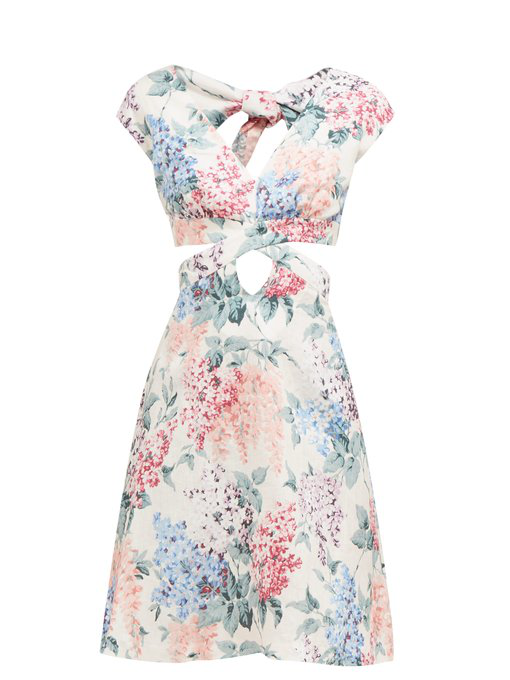 Ephemera Bloom Cut Out Front Floral Print Linen Mini Dress In Blue ...