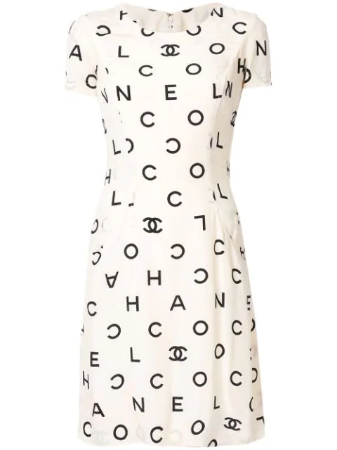 Pre Owned Chanel Logo Print Dress In Black White Modesens