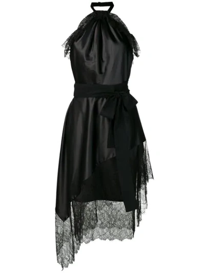 Tom Ford Velvet And Lace-trimmed Stretch-silk Satin Halterneck Dress In Black
