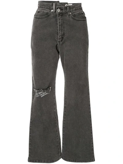 Ground Zero Asymmetric Printed Flared Jeans In Grey