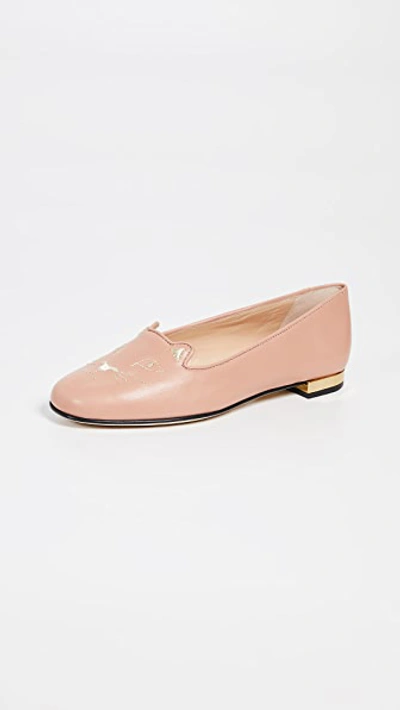 Charlotte Olympia Kitty Flat Leather Loafers In Dusky Pink