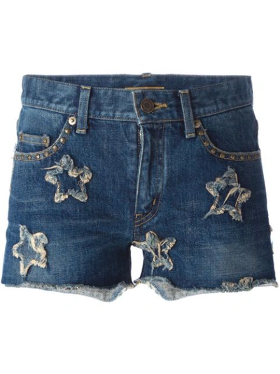 Saint Laurent Star Embellished Washed Denim Shorts, Blue