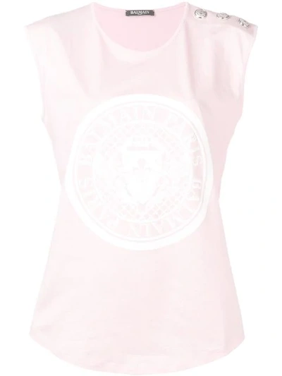 Balmain Logo Coin Three Button Tank Top In White Rose|rosa
