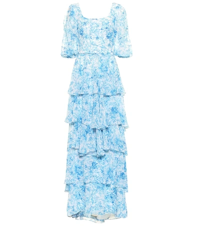 Costarellos Floral Chiffon Gown In Blue