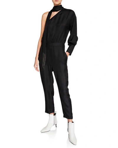 Brunello Cucinelli One-shoulder Monili-scarf Silk Jumpsuit In Black