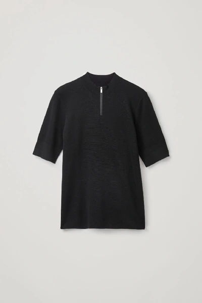 Cos Zipped Mock-neck Silk-knit Top In Black