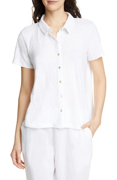 Eileen Fisher Petite Short-sleeve Button-front Organic Linen Jersey Top In White