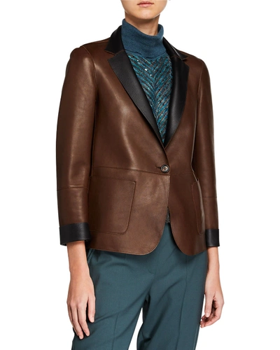 Brunello Cucinelli Reversible Leather Blazer Jacket In Brown