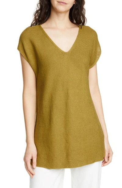 Eileen Fisher Petite V-neck Short-sleeve Textured Organic Linen-cotton Tunic Sweater In Light Chicory