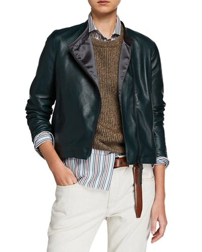 Brunello Cucinelli Collarless Asymmetric Zip Leather Jacket In Blue
