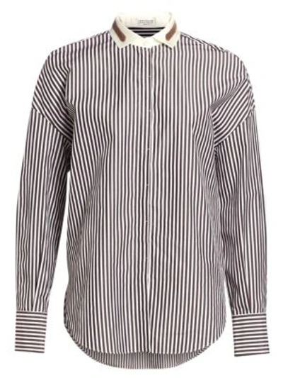 Brunello Cucinelli Monili-collar Striped Button-front Poplin Shirt In Onyx