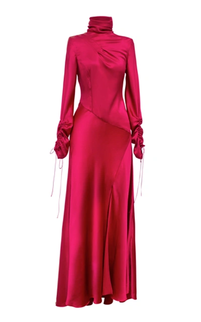 Alejandra Alonso Rojas Flared Long Sleeve Silk Turtleneck Dress In Pink