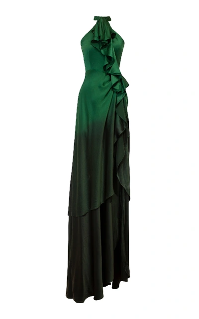 Alejandra Alonso Rojas Silk Halter Neck Cascade Gown In Green