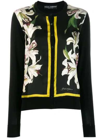 Dolce & Gabbana Long Sleeve Floral Silk Cardigan In Black Base Lily Print