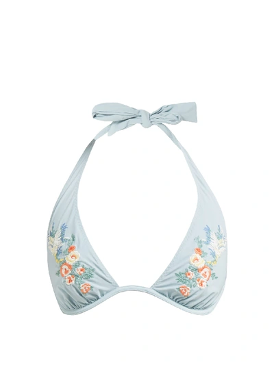 Stella Mccartney Floral-embroidered Halterneck Bikini Top In Blue