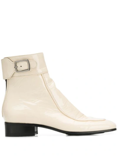 Saint Laurent Miles Square-toe Patent-leather Ankle Boots In Bianco