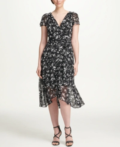Dkny Floral Printed High-low Surplice Chiffon Dress In Black Combo