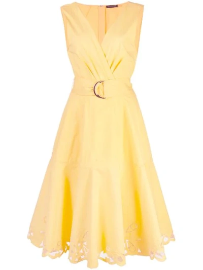 Josie Natori Sleeveless Belted Stretch-cotton Lace-hem Dress In Honey
