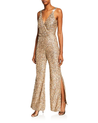 Parker Black Yasmina Sequin Sleeveless Flare Jumpsuit W/ Side Slits In Blue