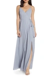 Wayf The Angelina Sleeveless Wrap Gown With Front Slit In Dusty Blue