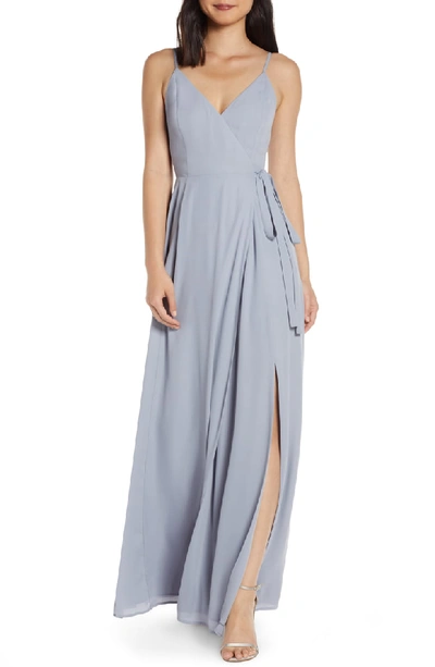 Wayf The Angelina Sleeveless Wrap Gown With Front Slit In Dusty Blue
