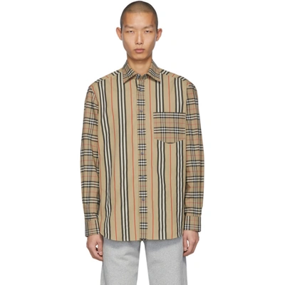Burberry Patchwork Check And Icon Stripe Cotton-blend Shirt In Beige