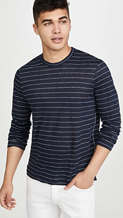 Club Monaco Long Sleeve Stripe Linen T-shirt In Navy And White