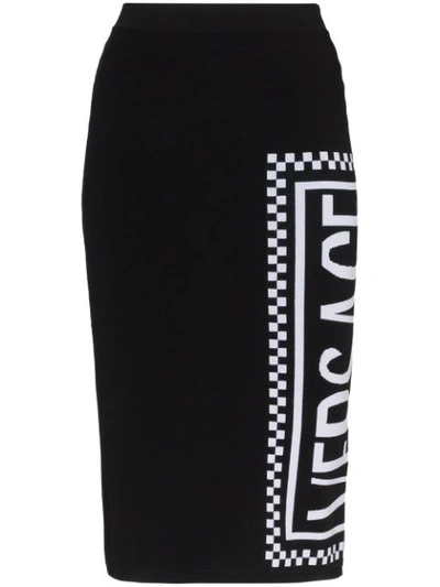Versace Logo Intarsia Knit Skirt In Black