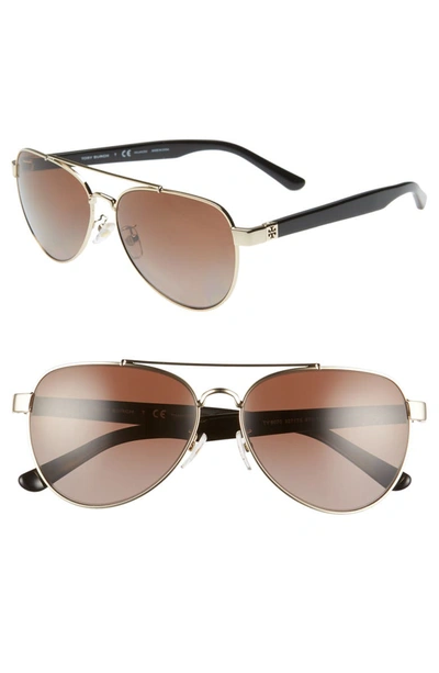 Tory Burch 57mm Polarized Aviator Sunglasses - Gold/ Brown Gradient